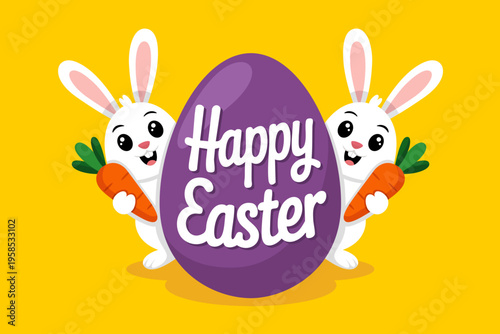 Happy Easter poster with rabbits. Easter Holiday greeting card, two cute white rabbits, holding carrots, purple egg with “Happy Easter” lettering, yellow background, flat vector style. Easter design