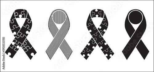 Variations of ribbon symbols representing awareness and solidarity in puzzle and striped designs