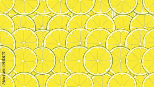 Vibrant seamless pattern of yellow lemon slices with white pith and green rind details tightly packed together.