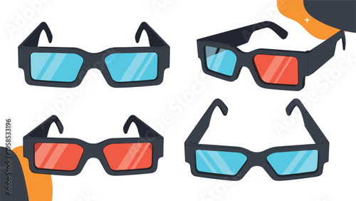 Set of four black framed 3D glasses with cyan and red lenses shown from different angles against a white background with abstract shapes.