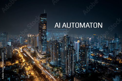 Night view of a modern city with digital overlays showcasing AI Automation and Smart Technologies