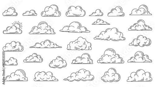 Comprehensive collection of various hand-drawn cloud shapes and weather icons in a black and white line art style for creative design.