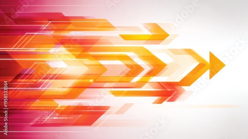 Multiple translucent orange and red geometric shapes suggest rapid forward motion across a light background