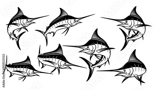 Marlin Fish Vector Illustration Set Ocean Marine Wildlife Black Design Collection