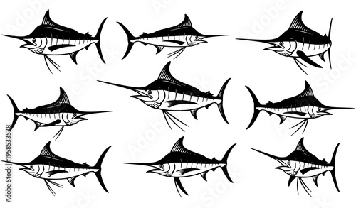 Marlin Fish Vector Set Black Silhouette Ocean Fishing Illustration Collection
