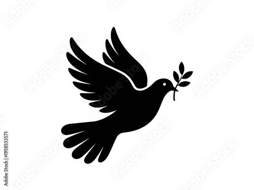 A minimalist black dove silhouette holding an olive branch in its beak, symbolizing peace and harmony.