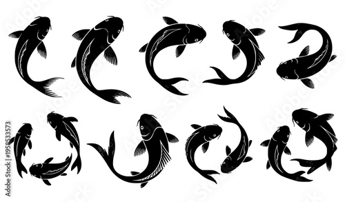 Koi Fish Silhouettes Vector Set Nine Black Fish in Different Positions on White