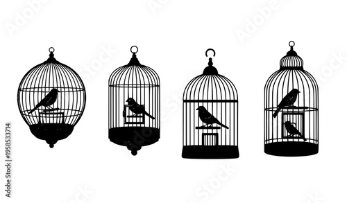 Bird Cage Vector Set Four Black Cages with Small Birds Isolated on White