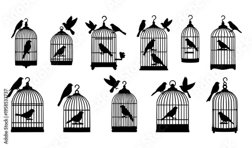 Vector Silhouettes of Birds and Birdcages Black and White Decorative Set