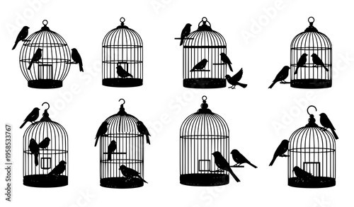 Birds and Birdcages Silhouettes Vector Set Black and White Illustration