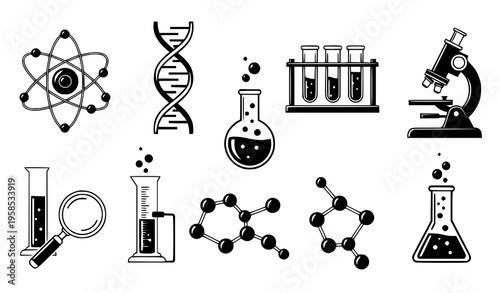 Science Laboratory Icons Vector Set Chemistry Biology Physics Research Symbols