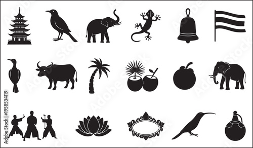 Diverse cultural and symbolic icons from various global traditions