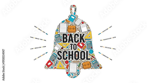Creative back to school illustration with many colorful school supplies like pencils and books forming a large school bell shape.