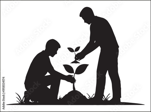 Two individuals collaboratively planting a young sapling together in a garden.
