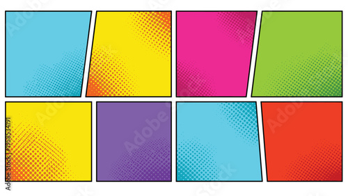 Professional set of colorful comic book panel backgrounds with vibrant halftone dot gradients and stylized frames for storytelling.