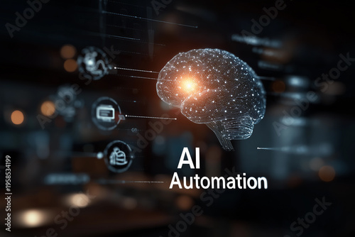 Digital brain connects to workflow icons for advanced AI automation in modern business environments