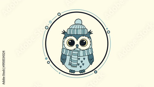 Adorable cartoon owl character wearing a blue knitted winter hat and scarf inside a decorative circular frame design.