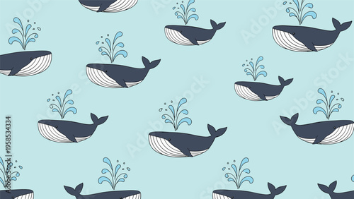 Charming nautical seamless pattern of dark blue whales spouting water in a peaceful light blue ocean for a children nursery theme.