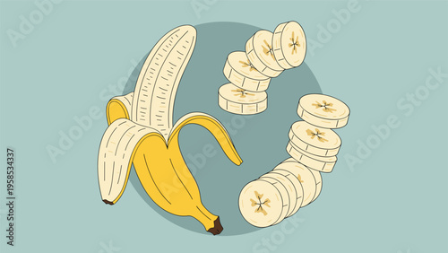 Detailed illustration of a partially peeled yellow banana next to several round fruit slices on a solid teal background.
