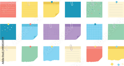 Vector illustration of colorful sticky notes with pins and clips in grid pattern