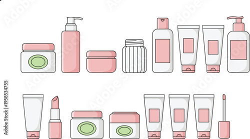 Vector illustration of cosmetic and skincare product containers in pink and white packaging
