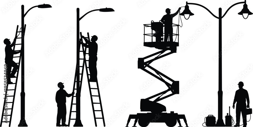 Obraz premium Black silhouette of electricians repairing street lights using ladders and cherry picker lift representing industrial maintenance utility work and professional service