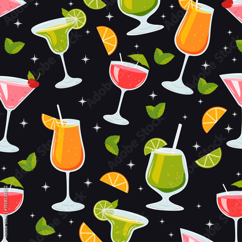 Cocktail Pattern Vector. Tropical Summer Drinks Background for Fabric, Packaging and Wallpaper. Vibrant tropical cocktails in a modern, playful style. Summer-themed branding. Fresh, festive atmosphere