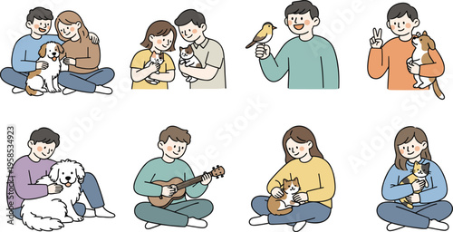 Vector illustration of people playing, cuddling, and bonding with pets including dogs, cats, and birds