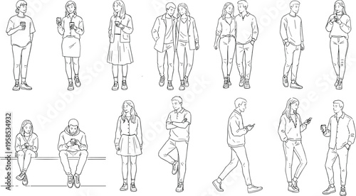 Vector illustration of people in casual urban lifestyle using smartphones and drinks in everyday social activities