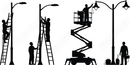 Black silhouette of electricians repairing street lights using ladders and cherry picker lift representing industrial maintenance utility work and professional service