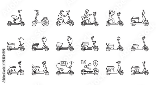 Electric Scooter and City Mobility Line Icons Set for App Design