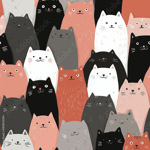 Cute cat pattern creating seamless animal background texture. Many cute cats with different expressions forming a seamless animal pattern