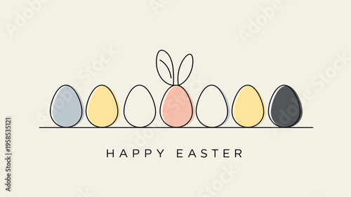Easter eggs with bunny ears and Happy Easter text. Happy Easter greeting card. Pastel colored eggs with bunny ears and Happy Easter text, celebrating spring holiday