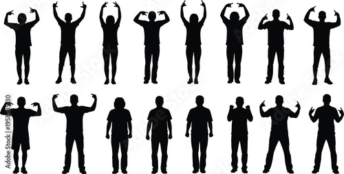 Black silhouette set of people pointing at themselves and overhead including various men and women in casual poses for choice selection