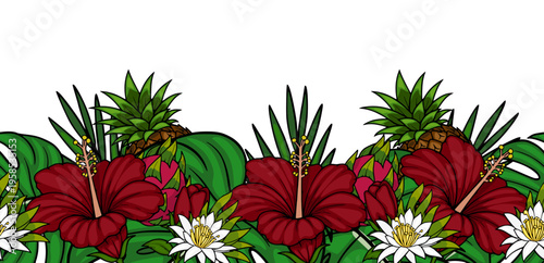 Vibrant tropical fruit and hibiscus flower banner vector illustration