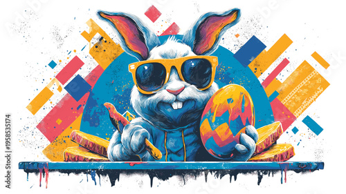 Cool cartoon rabbit wearing sunglasses holding Easter egg poster. Cartoon rabbit wearing sunglasses holding a colorful graffiti-painted Easter egg with traditional food