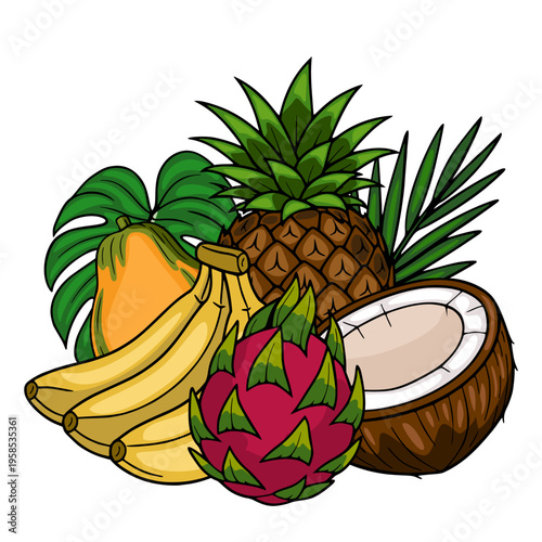 Vibrant Tropical Fruit Vector Illustration with Exotic Fruits and Leaves