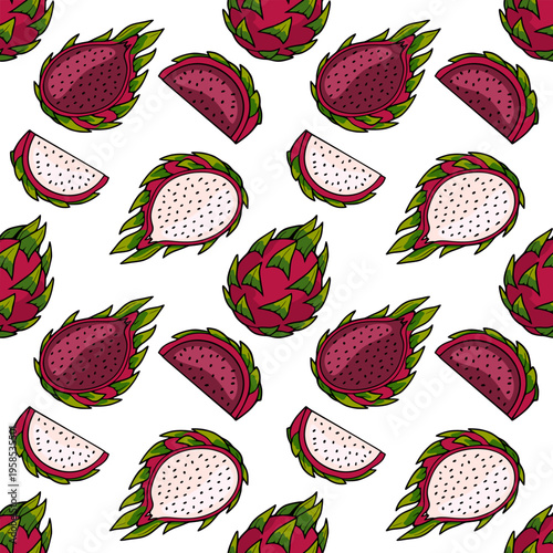Vibrant Dragon Fruit Pattern vector illustration with whole and sliced fruits on white background