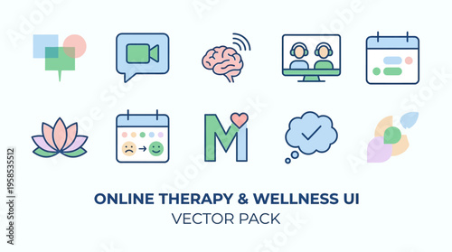 Comprehensive vector line icon set for online therapy and wellness user interfaces, ideal for digital mental health applications and web platforms