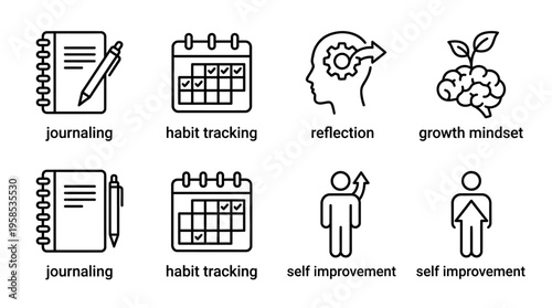 Line icons for personal development, mental wellness, and self-improvement, featuring concepts like journaling, habit tracking, mindful reflection, and cultivating a positive growth mindset