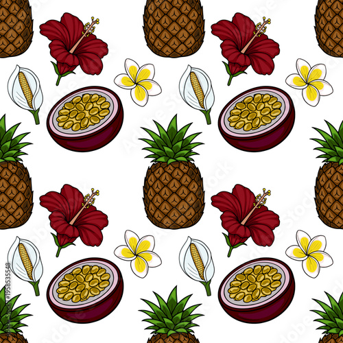 Tropical fruit and flower seamless pattern vector illustration, pineapple, passion fruit, hibiscus, plumeria, exotic