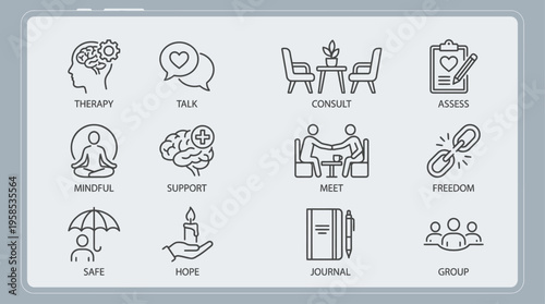 Set of icons representing mental health services, therapy, and support