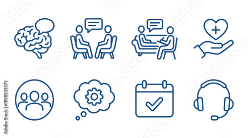 Set of healthcare and psychology icons representing therapy, mental health, and support services