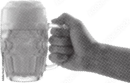 hand holding large beer mug filled with beer halftone pop art retro black white vector illustration