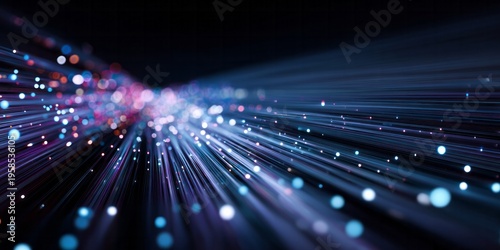 Dynamic streams of glowing particles move rapidly into the darkness