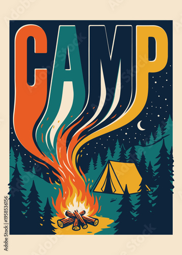 Retro Camping Poster with Campfire and Tent in the Forest
