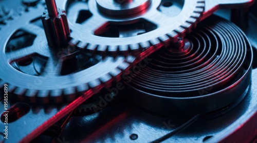 Intricate metallic clockwork mechanism with interlocking gears and a tightly coiled mainspring illuminated by cool light