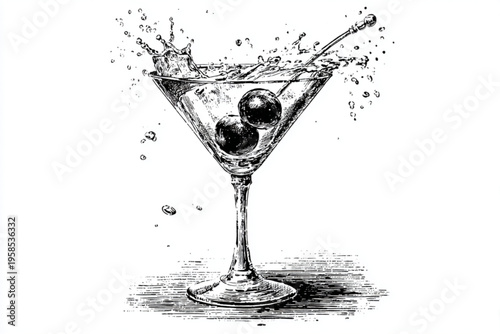Vintage Engraving Style Cocktail and Whiskey Glasses with Splashing Liquid, Black and White Vector Illustration
