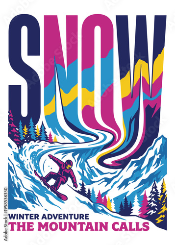 Vintage winter sports poster illustration featuring a snowboarder on a mountain slope