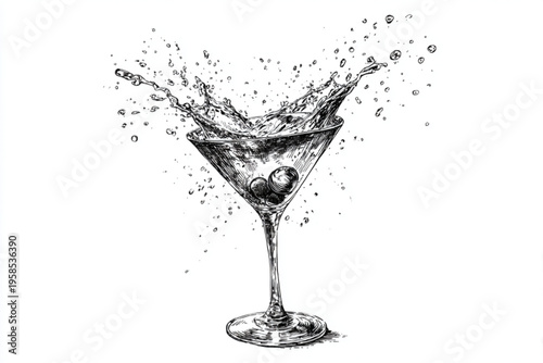 Vintage Engraving Style Cocktail and Whiskey Glasses with Splashing Liquid, Black and White Vector Illustration